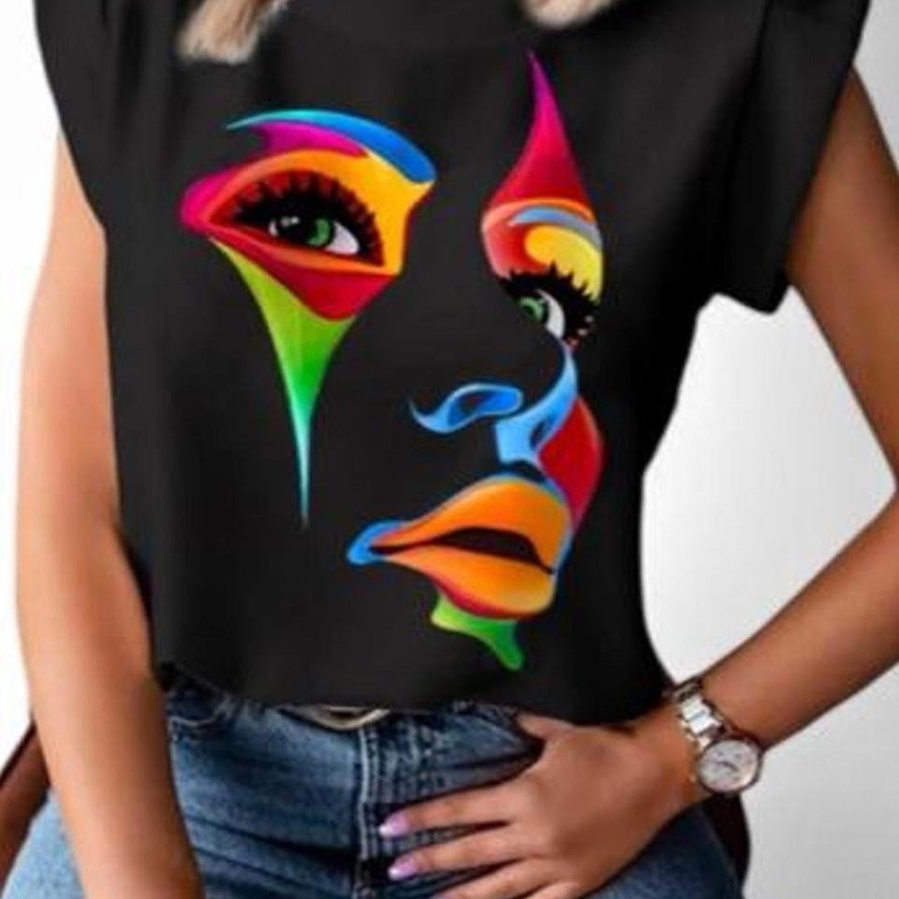UOOZEE Cap Sleeve Loose Multi-Colored Printed High-Neck T-Shirt Top